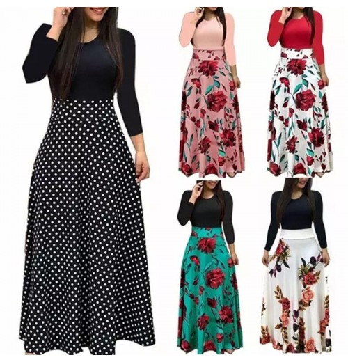 Sexy Bohemia High Quality Wholesale Custom Logo Strips Floral Printed Church Women Lady Casual Wear Elegant Long Sleeve Dress