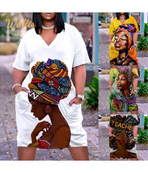 Fashion African Black Girl Dress Bohemian 3D Short Sleeve Tshirt V-Neck Knee Evening Party Midi Beach Plus Size Women'S Dresses