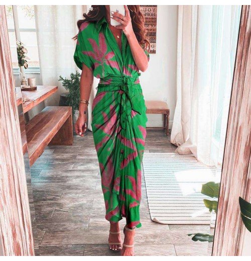 Hot Selling Women Trend Temperament Fashion Printed Shirt Bodycon Dress With Belt