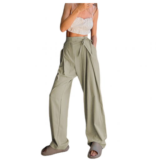 Customized Solid Loose Ladies High Rise Wide Leg Pants Trousers Slacks for Women