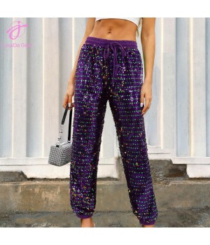 Loveda Custom Pearlescent Sequined Casual Waist Drawstring Loose Straight Pants