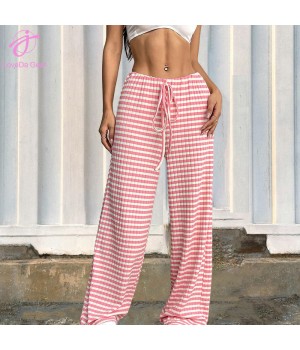 Loveda Hot Selling Women Casual Striped Solid Elastic Drawstring Cotton Straight Leg Pants