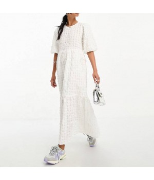 Waffle Fabric Casual Dress for Zar Clothing women Relaxed Fit Puff Sleeve Crinkle Smock Maxi Dress Plus Size