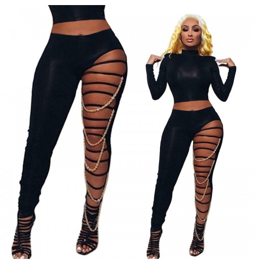 Cut Out Fashionable Black Color Sexy Women's Plus Size Pants & Trousers High Gold Chain Ripped Women's Pants Trousers Tight