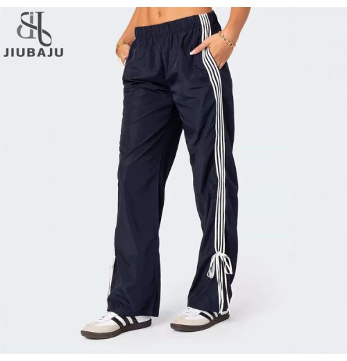 Women Side Striped Bow Loose Sweatpants Elastic Low Waist Active Long Pants with Side Pocket Streetwear Sporty Bottoms