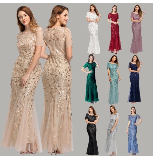 Wholesale Women's Shining Bridesmaid Dress Short Sleeve Flare Long Evening Night Party Dresses