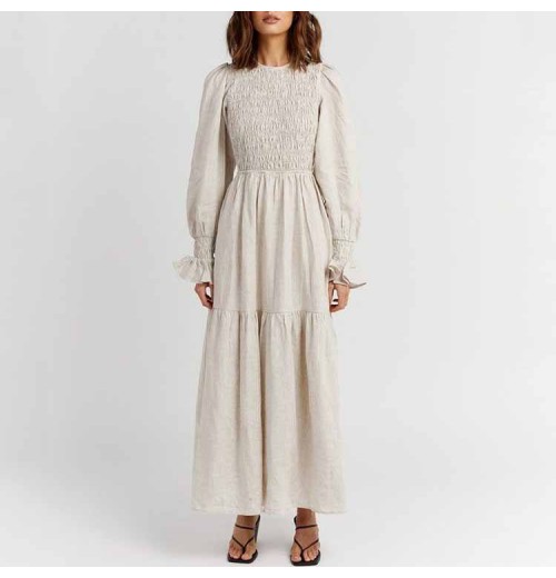 Custom Casual Backless Flare Sleeve Women Natural Linen Midi Dress With Sash