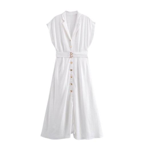 ZATRHMBM Women 2024 Summer New Fashion With Belt White Dress Vintage Short Sleeves Button-Up Female Dresses Vestidos Mujer